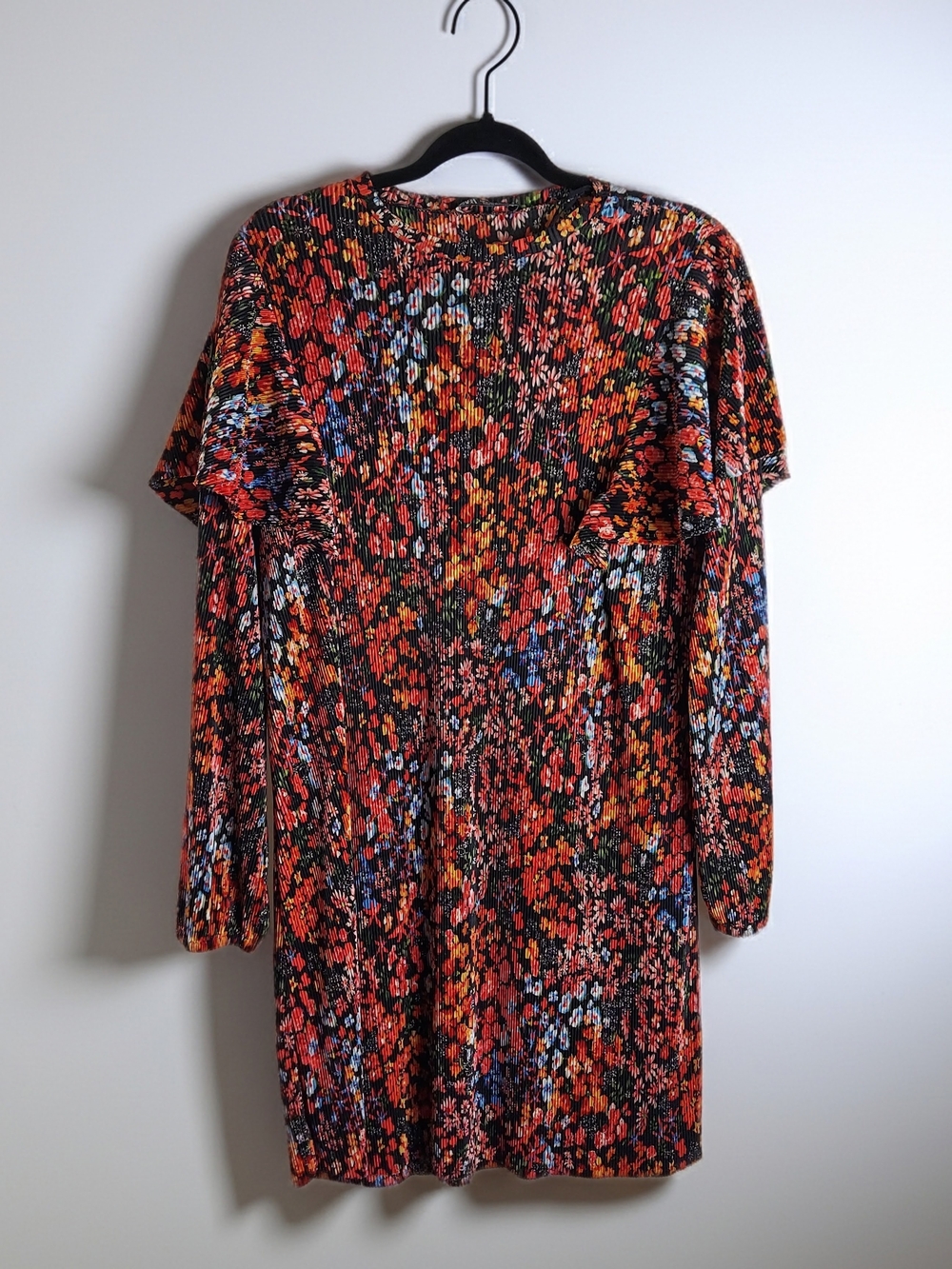 Zara Black Floral Long-Sleeve Mini Dress with Red, Orange & Blue Flowers